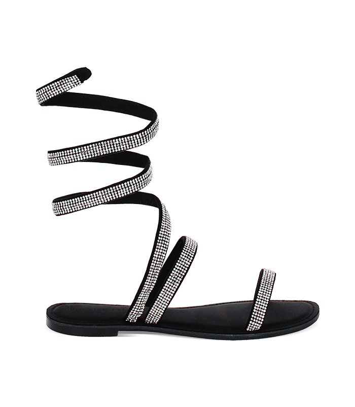 Sandali da donna bassi neri con serpentina in strass