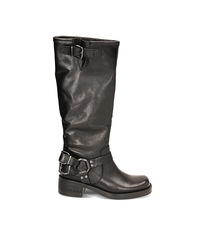 Stivali biker neri in pelle, tacco 4,8 cm