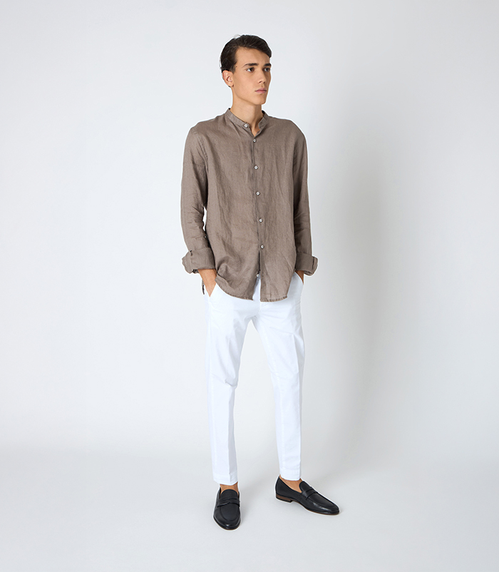 Camicia da uomo in lino con collo alla coreana fango