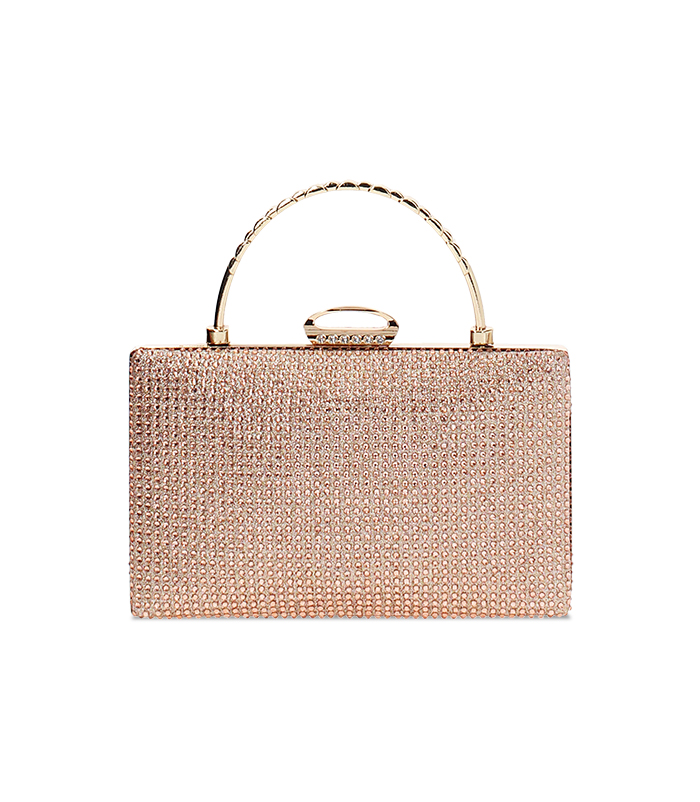 Clutch da donna rosa-oro in laminato con pietre