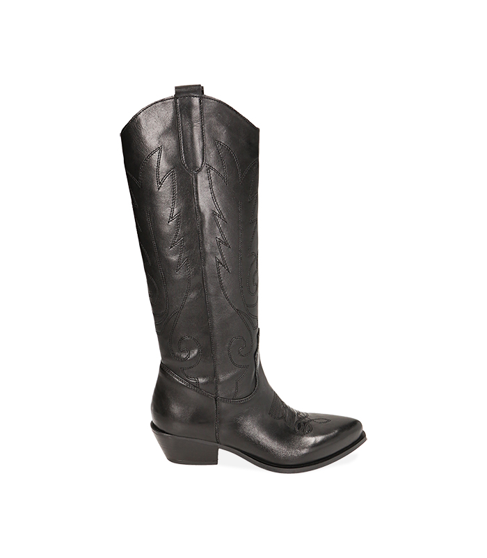 Stivali texani in pelle nera, tacco 5,5 cm