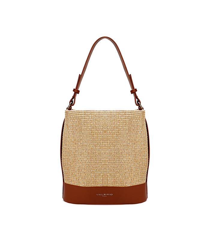 Borsa a secchiello da donna in rafia beige
