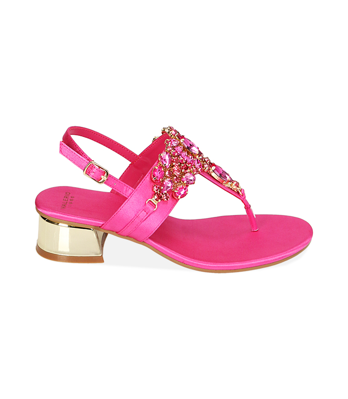 Sandali infradito fucsia in raso, tacco 3,5 cm