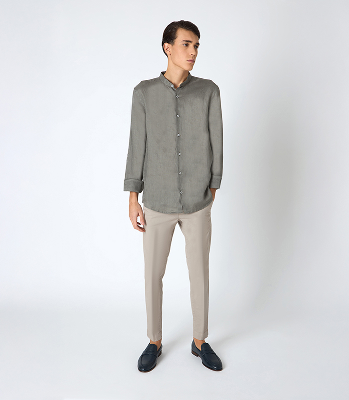 Camicia da uomo in lino con collo alla coreana militare
