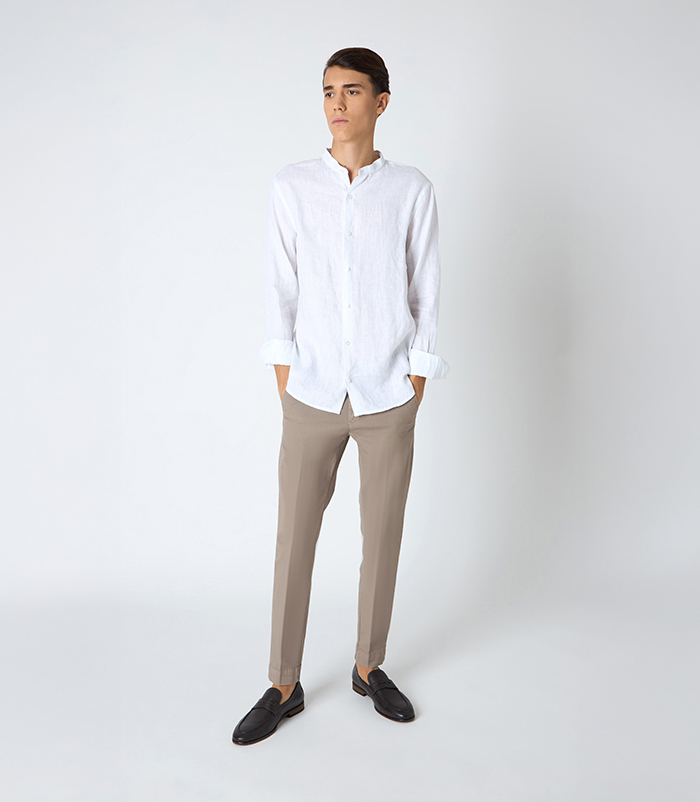 Camicia da uomo in lino con collo alla coreana bianca
