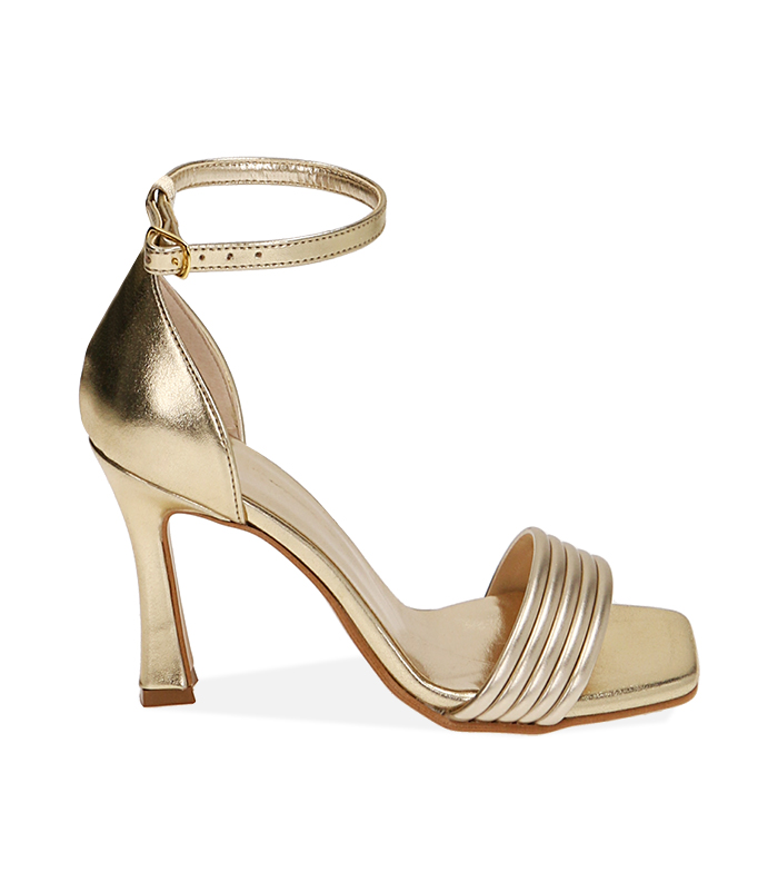 Sandali punta quadra oro laminato, tacco 10 cm 